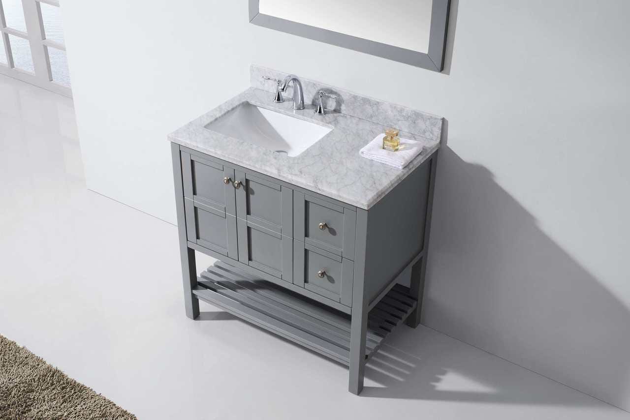 Virtu USA Winterfell 36 Single Bathroom Vanity Set in Grey w/ Italian Carrara White Marble Counter-Top | Square Basin