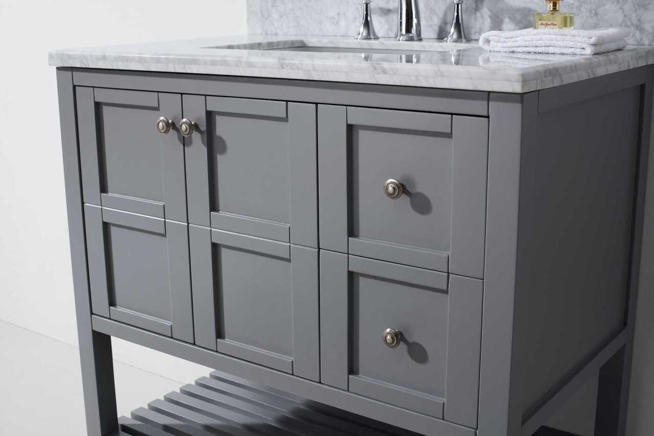 Virtu USA Winterfell 36 Single Bathroom Vanity Set in Grey w/ Italian Carrara White Marble Counter-Top | Square Basin