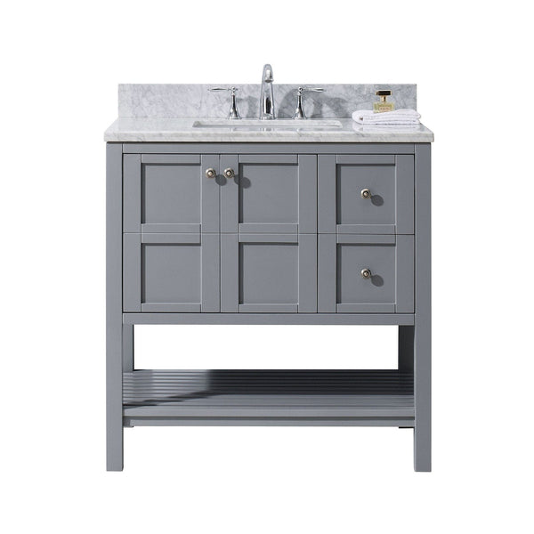Virtu USA Winterfell 36 Single Bathroom Vanity Set in Grey w/ Italian Carrara White Marble Counter-Top | Square Basin