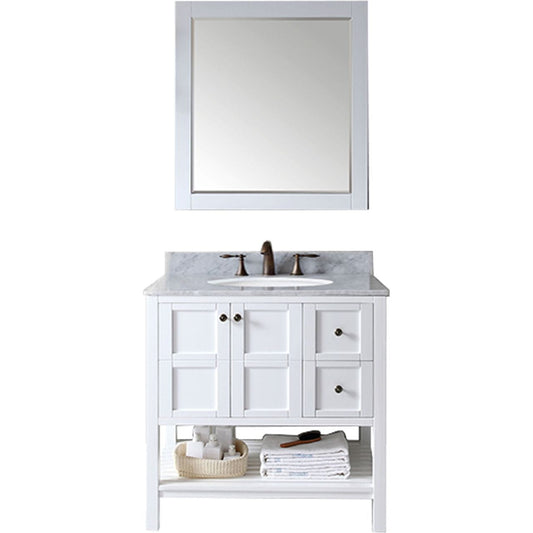 Virtu USA Winterfell 36" Single Bathroom Vanity Set in White w/ Italian Carrara White Marble Counter-Top | Round Basin
