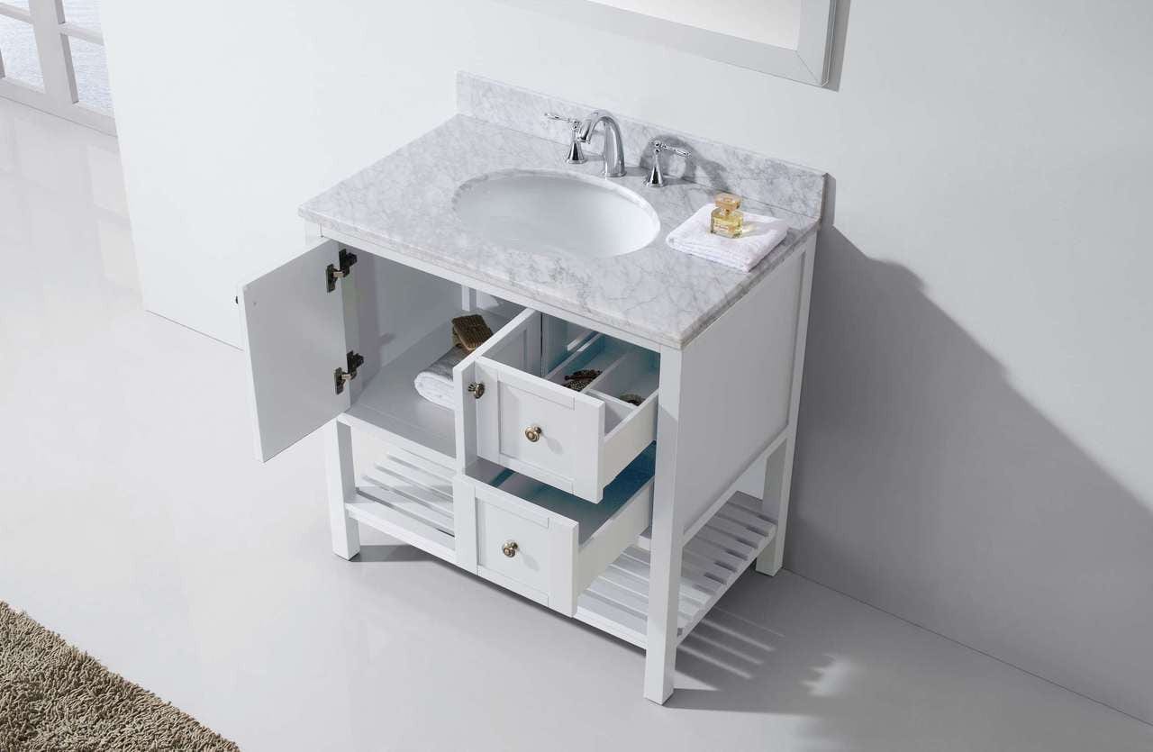 Virtu USA Winterfell 36 Single Bathroom Vanity Set in White w/ Italian Carrara White Marble Counter-Top | Round Basin