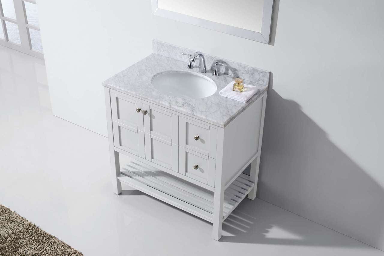 Virtu USA Winterfell 36 Single Bathroom Vanity Set in White w/ Italian Carrara White Marble Counter-Top | Round Basin