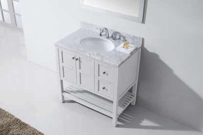 Virtu USA Winterfell 36 Single Bathroom Vanity Set in White w/ Italian Carrara White Marble Counter-Top | Round Basin