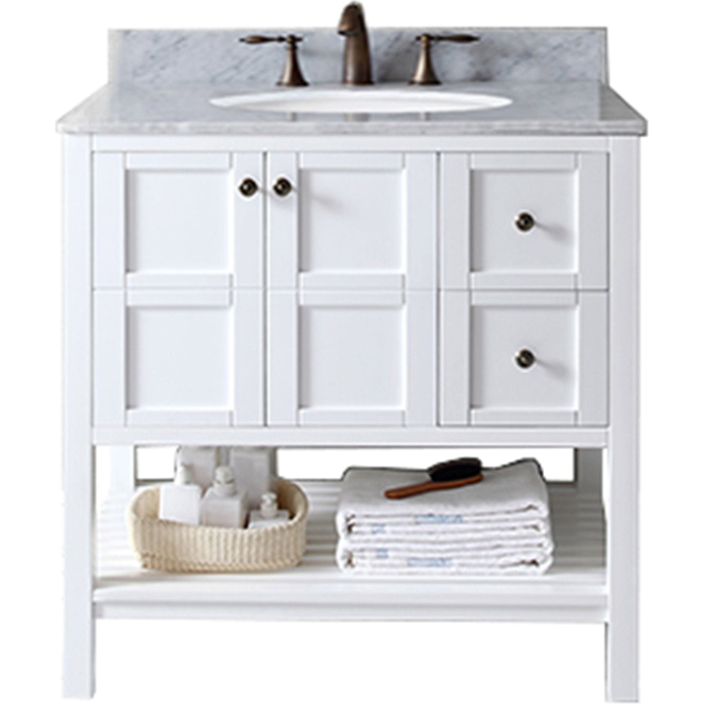 Virtu USA Winterfell 36 Single Bathroom Vanity Set in White w/ Italian Carrara White Marble Counter-Top | Round Basin