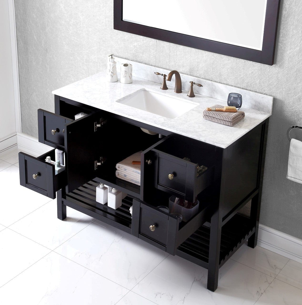 Virtu USA Winterfell 48 Single Bathroom Vanity Set in Espresso w/ Italian Carrara White Marble Counter-Top | Square Basin