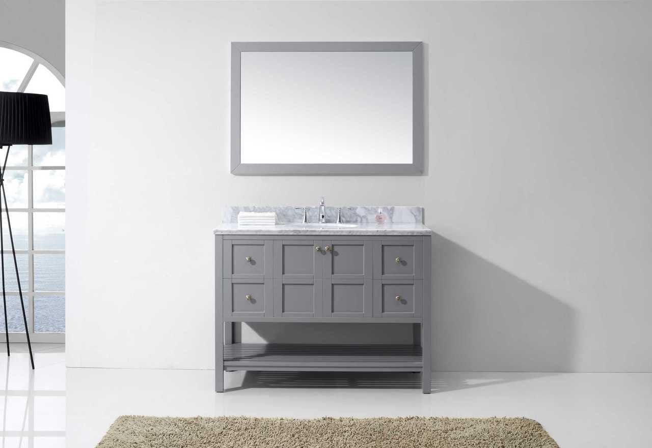 Virtu USA Winterfell 48 Single Bathroom Vanity Set in Grey w/ Italian Carrara White Marble Counter-Top | Round Basin