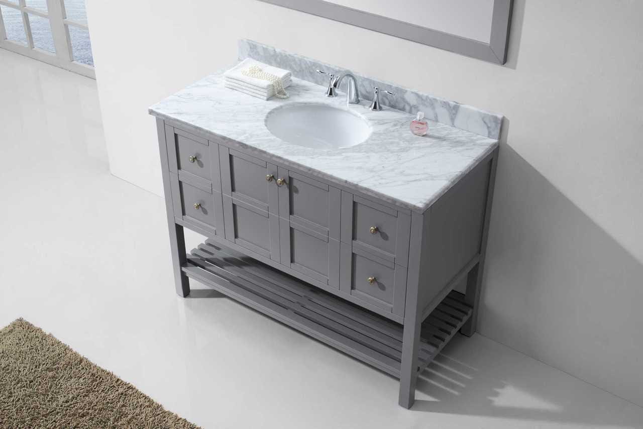 Virtu USA Winterfell 48 Single Bathroom Vanity Set in Grey w/ Italian Carrara White Marble Counter-Top | Round Basin