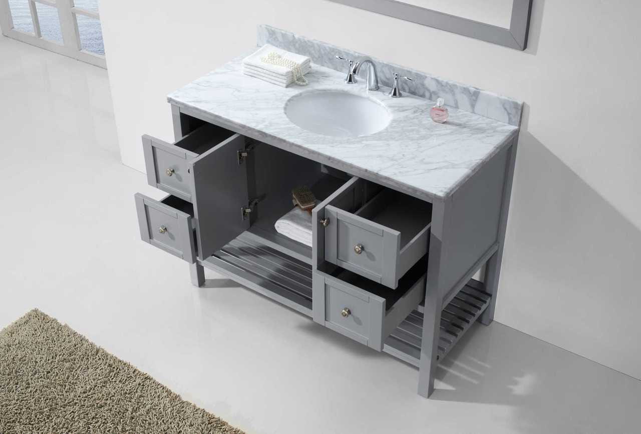 Virtu USA Winterfell 48 Single Bathroom Vanity Set in Grey w/ Italian Carrara White Marble Counter-Top | Round Basin