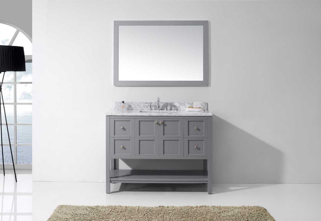 Virtu USA Winterfell 48 Single Bathroom Vanity Set in Grey w/ Italian Carrara White Marble Counter-Top | Square Basin