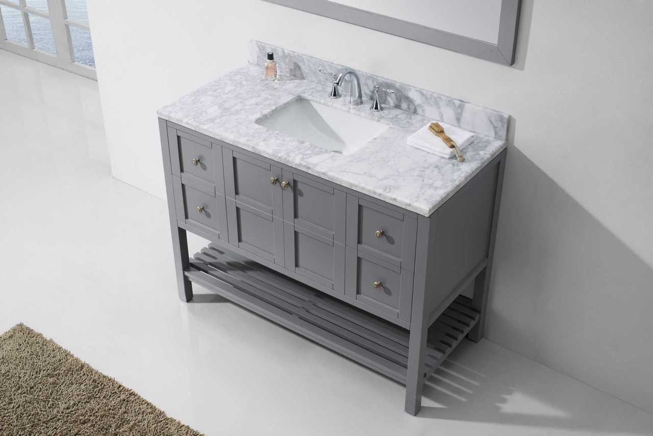 Virtu USA Winterfell 48 Single Bathroom Vanity Set in Grey w/ Italian Carrara White Marble Counter-Top | Square Basin