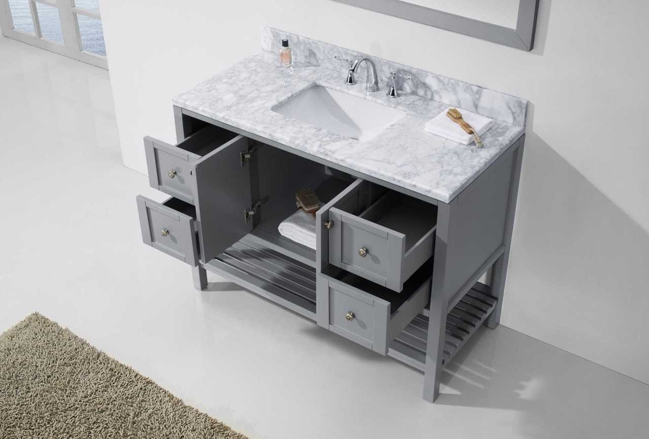 Virtu USA Winterfell 48 Single Bathroom Vanity Set in Grey w/ Italian Carrara White Marble Counter-Top | Square Basin