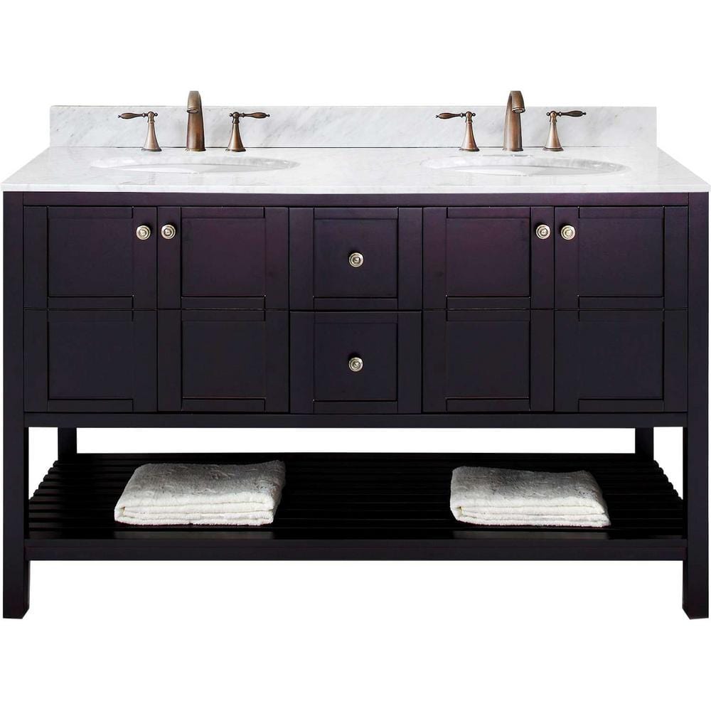 Virtu USA Winterfell 60 Double Bathroom Vanity Set in Espresso w/ Italian Carrara White Marble Counter-Top | Round Basin