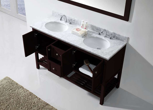 Virtu USA Winterfell 60 Double Bathroom Vanity Set in Espresso w/ Italian Carrara White Marble Counter-Top | Round Basin