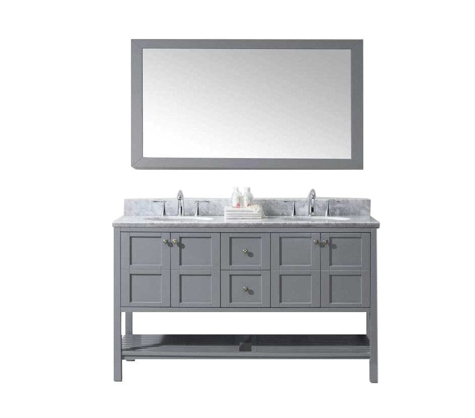 Virtu USA Winterfell 60" Double Bathroom Vanity Set in Grey w/ Italian Carrara White Marble Counter-Top