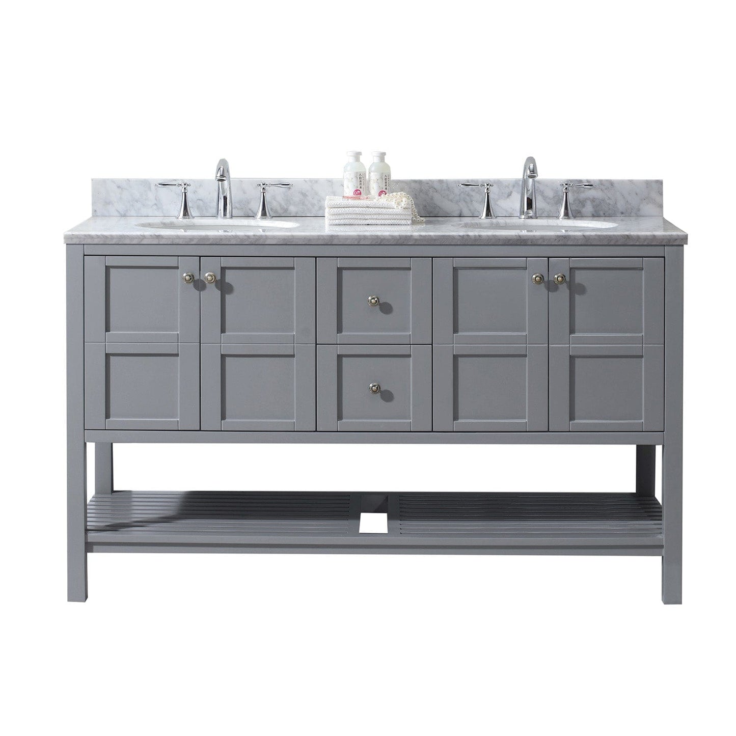 Virtu USA Winterfell 60 Double Bathroom Vanity Set in Grey w/ Italian Carrara White Marble Counter-Top | Round Basin