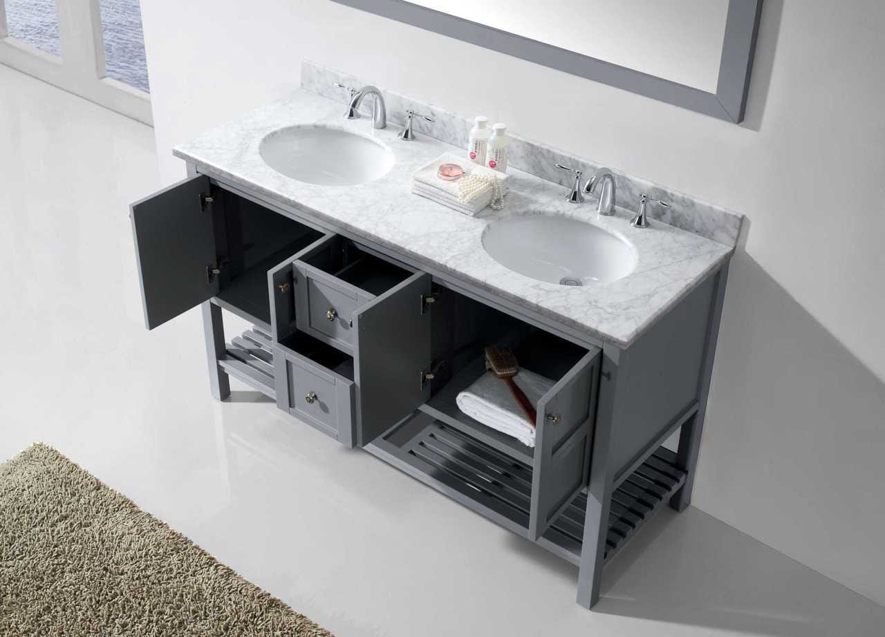 Virtu USA Winterfell 60 Double Bathroom Vanity Set in Grey w/ Italian Carrara White Marble Counter-Top | Round Basin