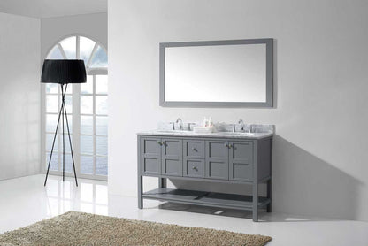 Virtu USA Winterfell 60 Double Bathroom Vanity Set in Grey w/ Italian Carrara White Marble Counter-Top | Round Basin