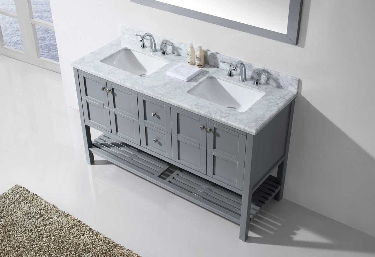 Virtu USA Winterfell 60 Double Bathroom Vanity Set in Grey w/ Italian Carrara White Marble Counter-Top | Square Basin