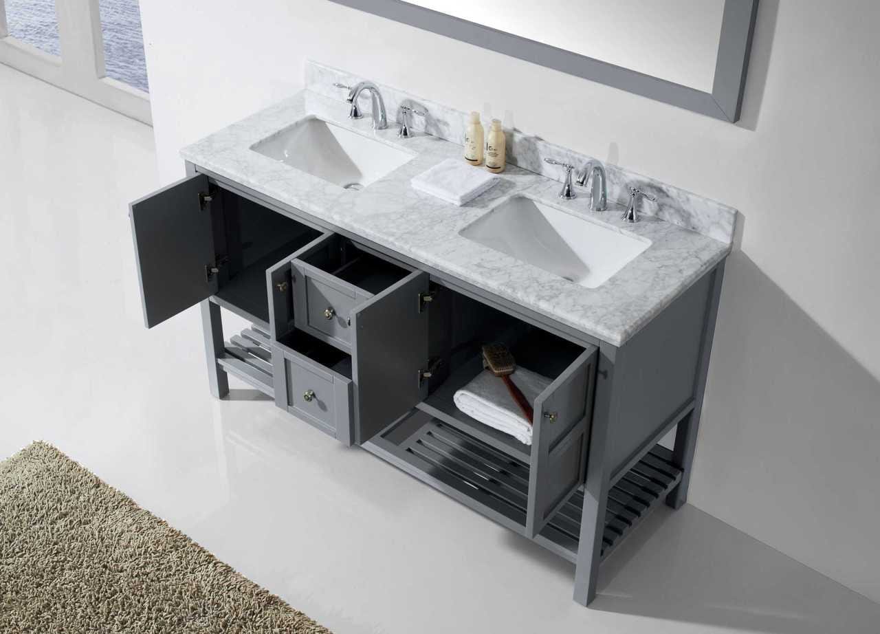 Virtu USA Winterfell 60 Double Bathroom Vanity Set in Grey w/ Italian Carrara White Marble Counter-Top | Square Basin