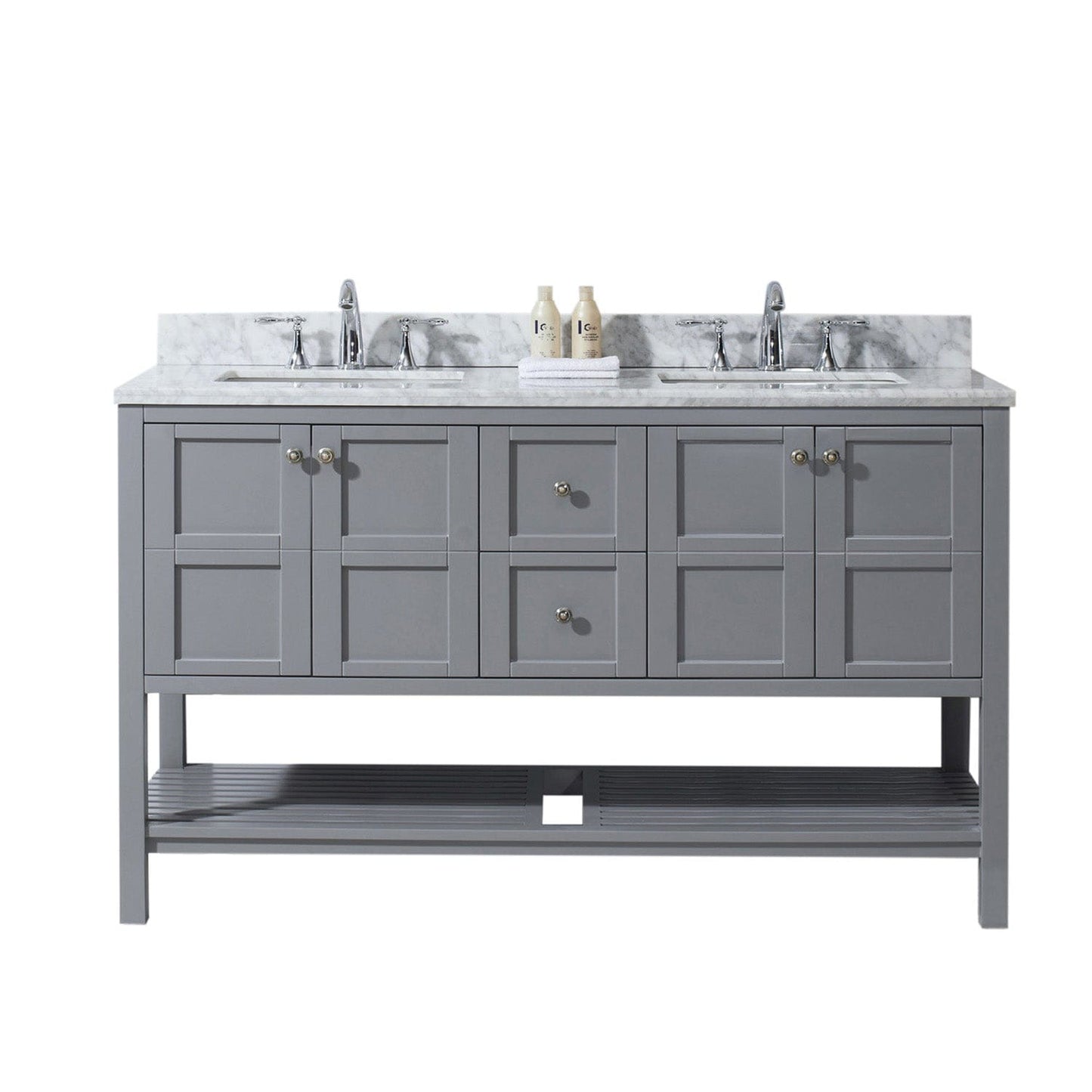 Virtu USA Winterfell 60 Double Bathroom Vanity Set in Grey w/ Italian Carrara White Marble Counter-Top | Square Basin