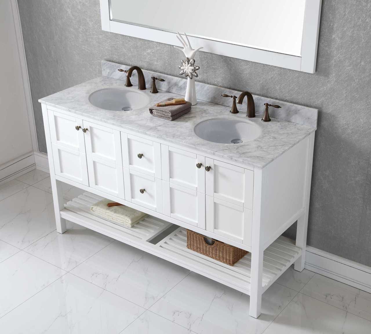 Virtu USA Winterfell 60 Double Bathroom Vanity Set in White w/ Italian Carrara White Marble Counter-Top | Round Basin