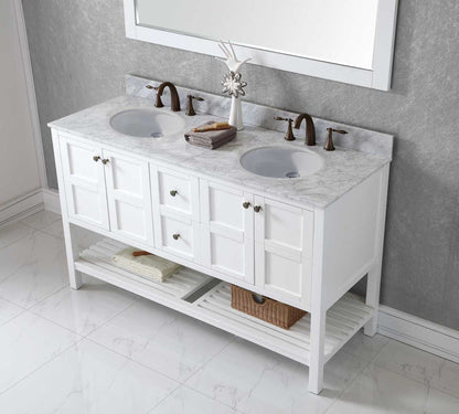 Virtu USA Winterfell 60 Double Bathroom Vanity Set in White w/ Italian Carrara White Marble Counter-Top | Round Basin