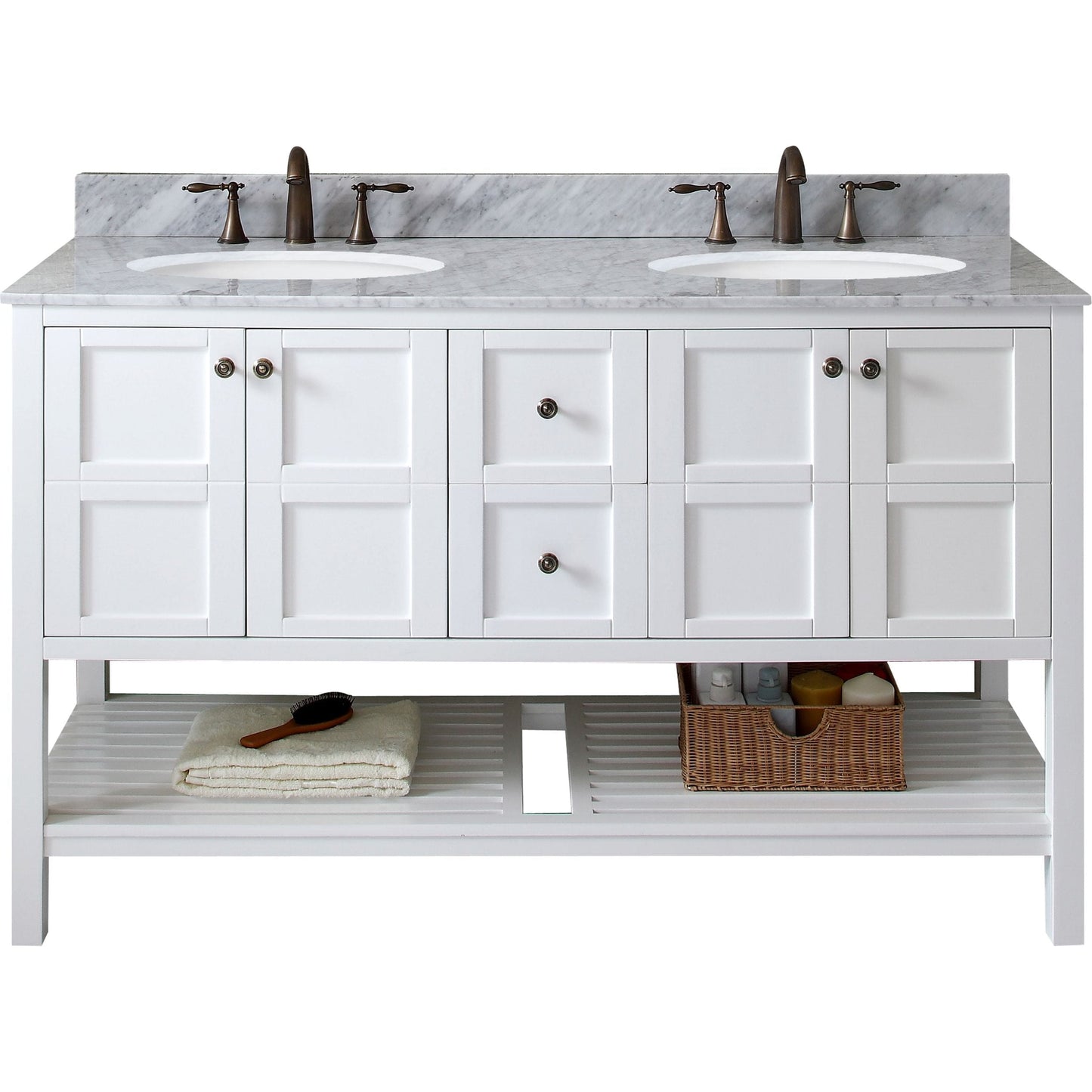 Virtu USA Winterfell 60 Double Bathroom Vanity Set in White w/ Italian Carrara White Marble Counter-Top | Round Basin