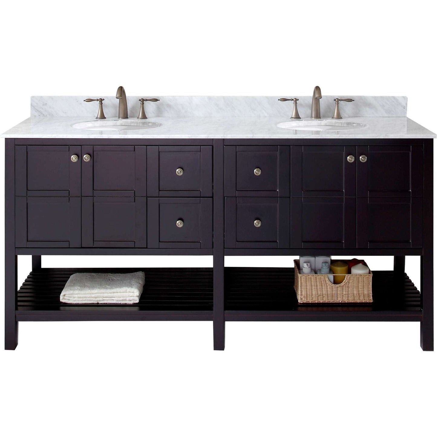 Virtu USA Winterfell 72 Double Bathroom Vanity Set in Espresso w/ Italian Carrara White Marble Counter-Top | Round Basin