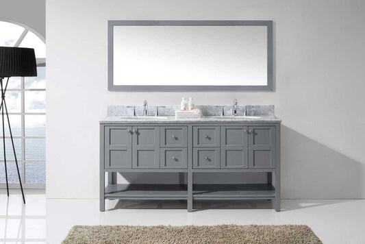 Virtu USA Winterfell 72 Double Bathroom Vanity Set in Grey w/ Italian Carrara White Marble Counter-Top | Round Basin
