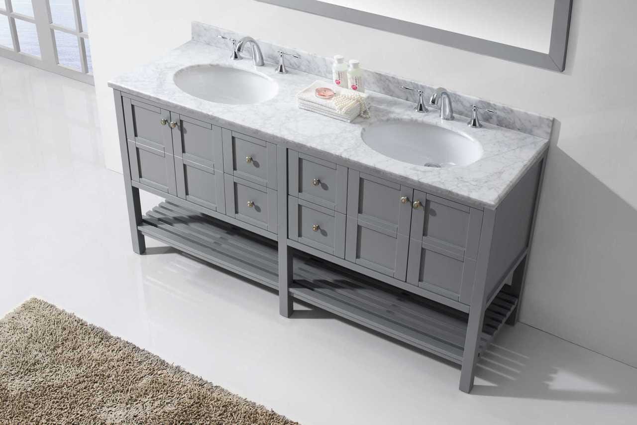 Virtu USA Winterfell 72 Double Bathroom Vanity Set in Grey w/ Italian Carrara White Marble Counter-Top | Round Basin