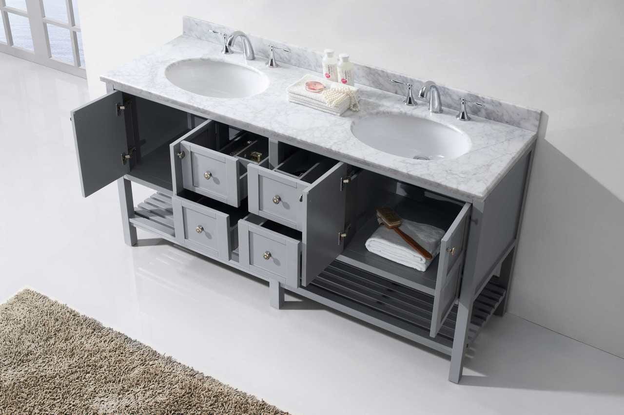 Virtu USA Winterfell 72 Double Bathroom Vanity Set in Grey w/ Italian Carrara White Marble Counter-Top | Round Basin