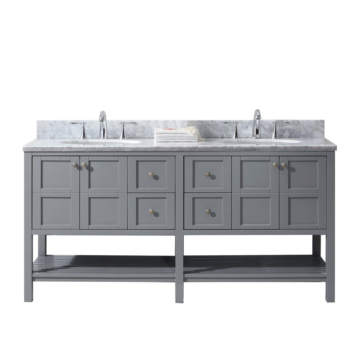 Virtu USA Winterfell 72 Double Bathroom Vanity Set in Grey w/ Italian Carrara White Marble Counter-Top | Round Basin