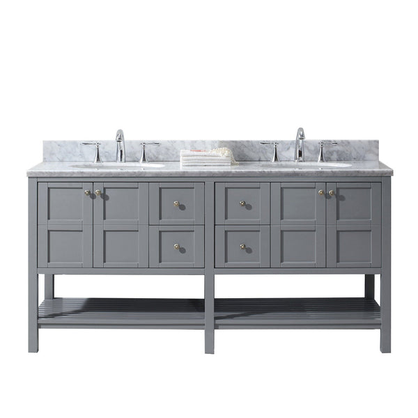 Virtu USA Winterfell 72 Double Bathroom Vanity Set in Grey w/ Italian Carrara White Marble Counter-Top