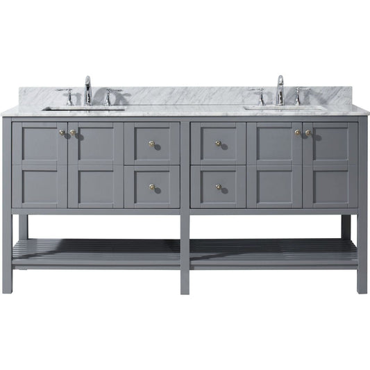 Virtu USA Winterfell 72" Double Bathroom Vanity Set in Grey w/ Italian Carrara White Marble Counter-Top | Square Basin