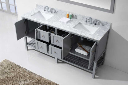 Virtu USA Winterfell 72 Double Bathroom Vanity Set in Grey w/ Italian Carrara White Marble Counter-Top | Square Basin