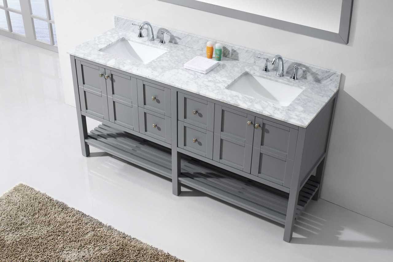 Virtu USA Winterfell 72 Double Bathroom Vanity Set in Grey w/ Italian Carrara White Marble Counter-Top | Square Basin