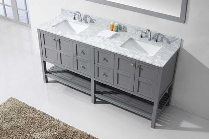 Virtu USA Winterfell 72 Double Bathroom Vanity Set in Grey w/ Italian Carrara White Marble Counter-Top | Square Basin