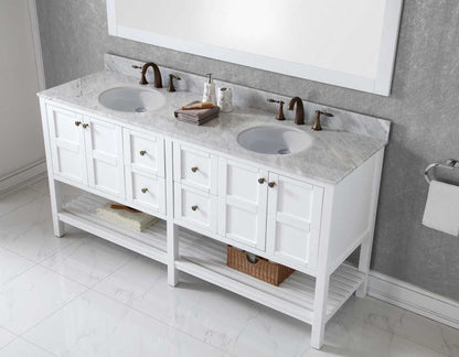 Virtu USA Winterfell 72 Double Bathroom Vanity Set in White w/ Italian Carrara White Marble Counter-Top | Round Basin