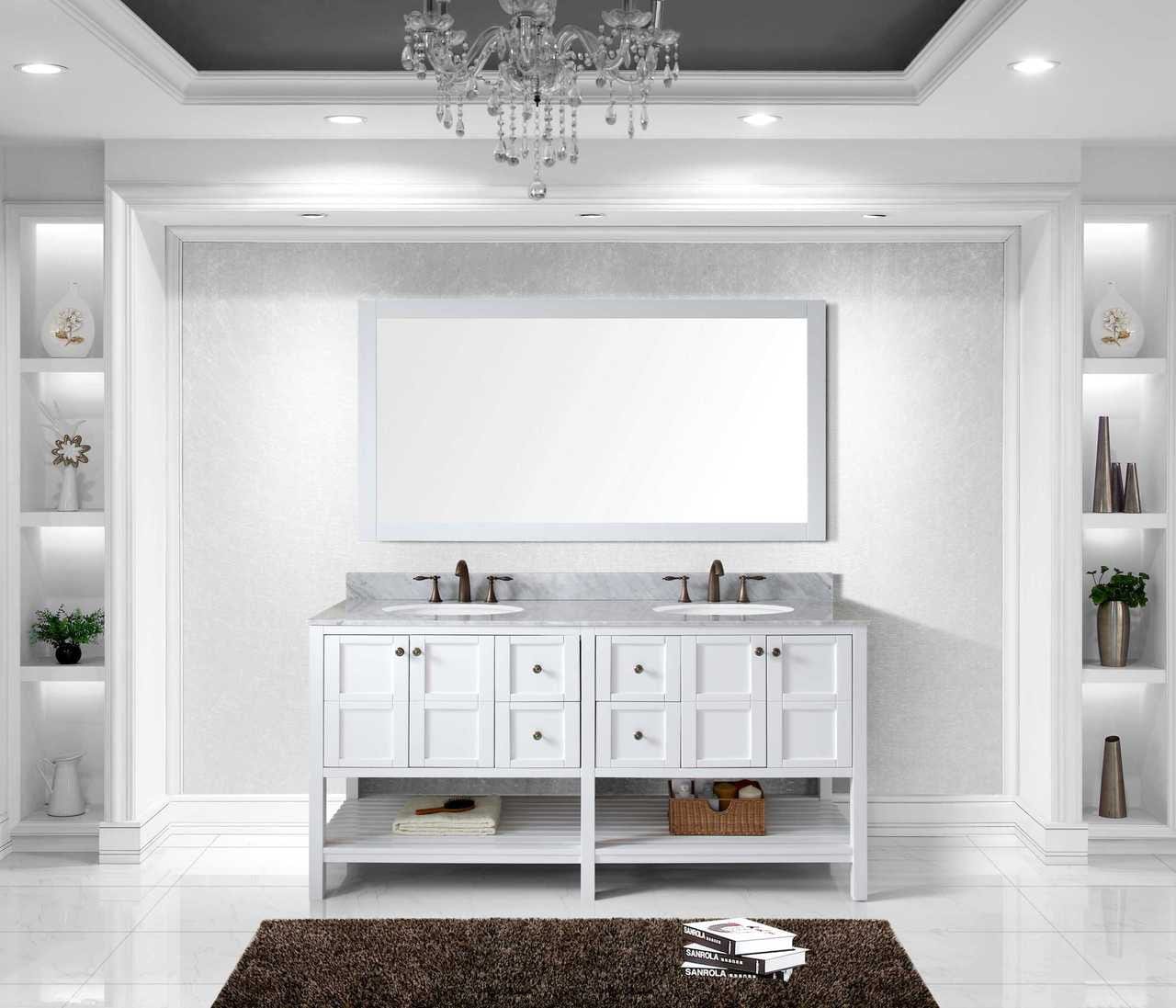 Virtu USA Winterfell 72 Double Bathroom Vanity Set in White w/ Italian Carrara White Marble Counter-Top | Round Basin