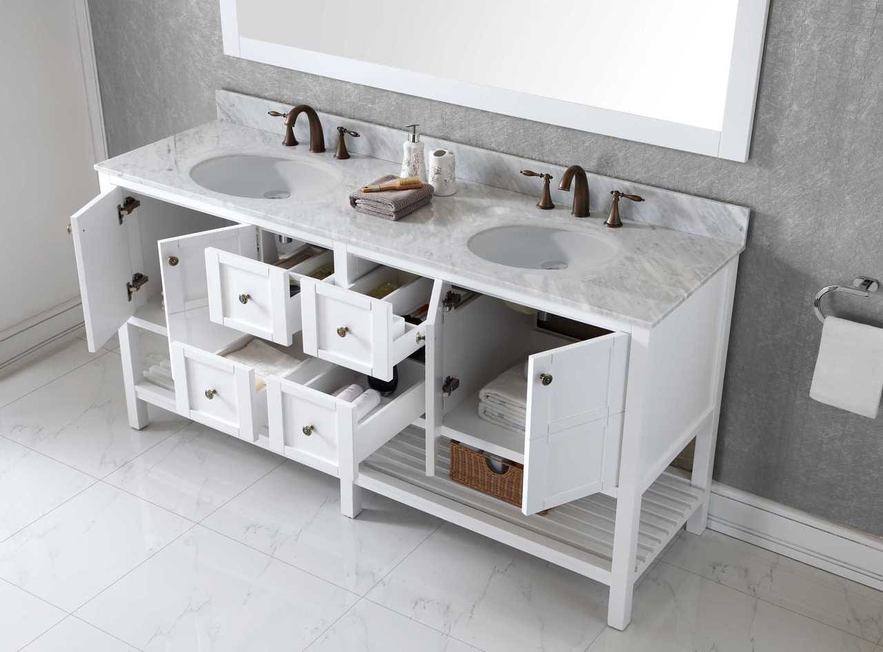 Virtu USA Winterfell 72 Double Bathroom Vanity Set in White w/ Italian Carrara White Marble Counter-Top | Round Basin