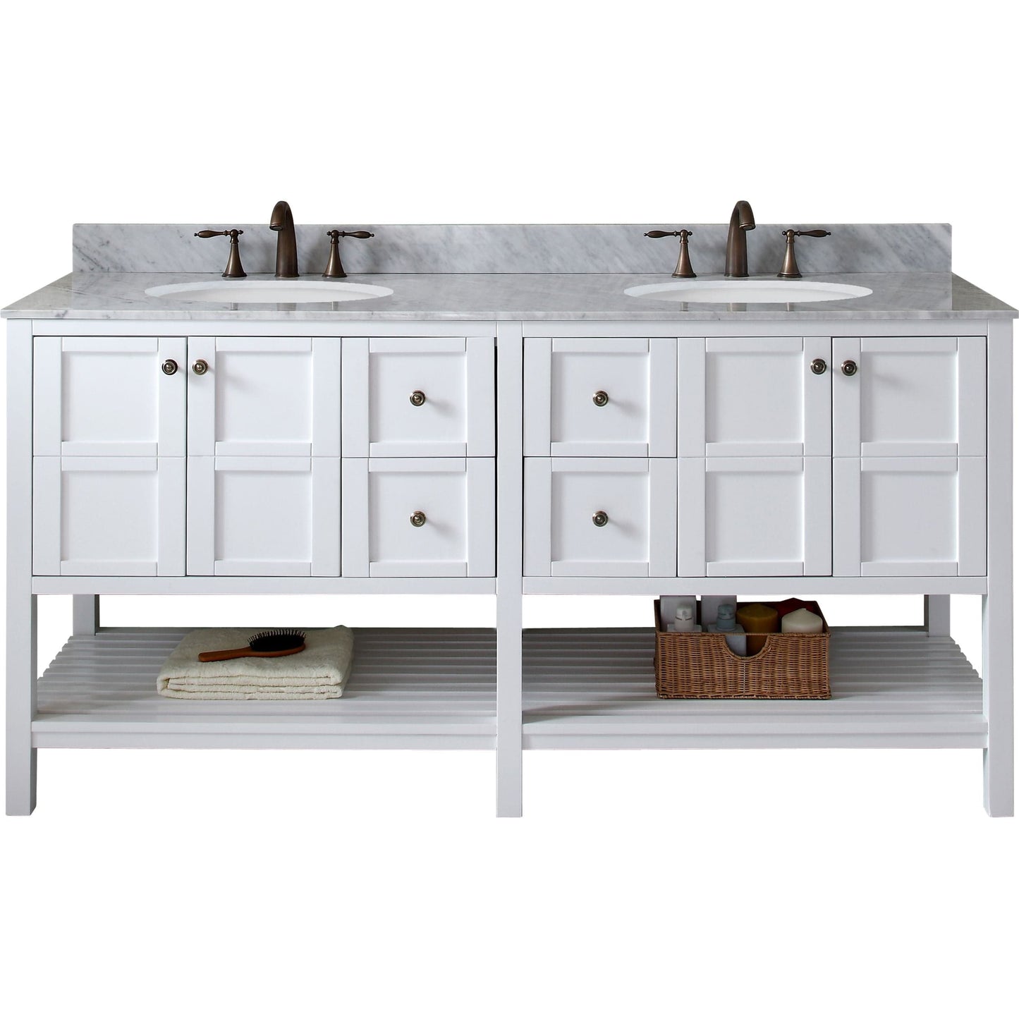 Virtu USA Winterfell 72 Double Bathroom Vanity Set in White w/ Italian Carrara White Marble Counter-Top | Round Basin