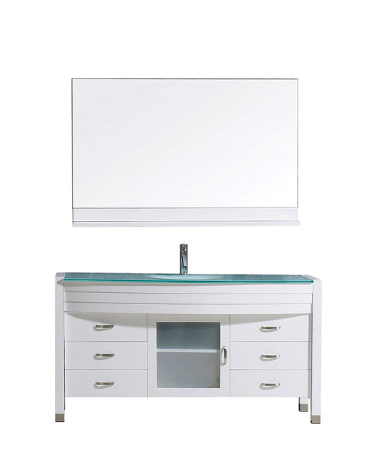 Virtu USA Ava 55" Single Bathroom Vanity Cabinet Set in White w/ Tempered Glass Counter-Top