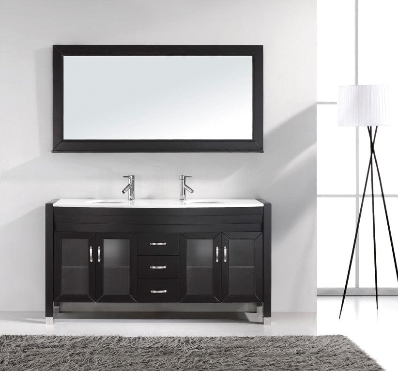 Virtu USA Ava 63" Double Bathroom Vanity Cabinet Set in Espresso w/ White Artificial Stone Counter-Top