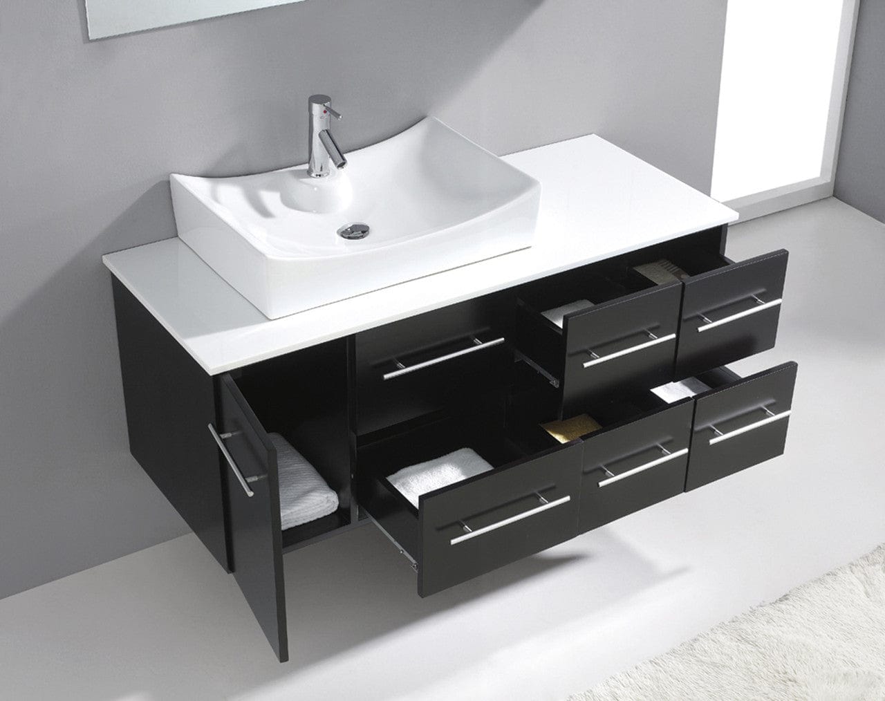 Virtu USA Ceanna 55 Single Bathroom Vanity Set in Espresso w/ White Artificial Stone Counter-Top drawers open