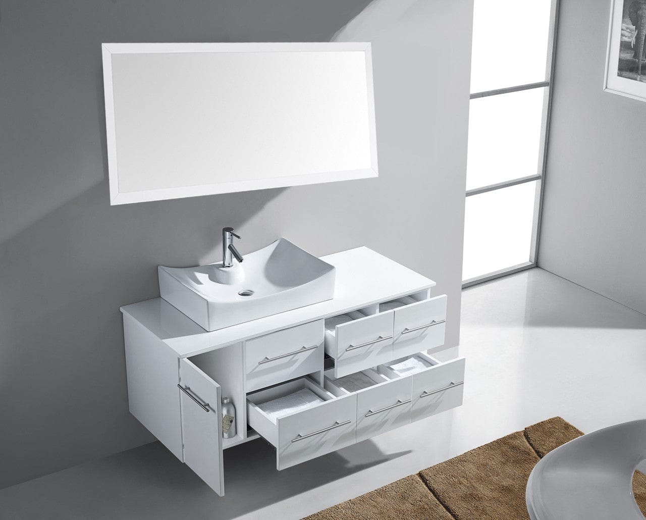 Virtu USA Ceanna 55 Single Bathroom Vanity Set in White drawers open