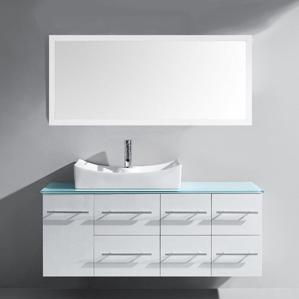  Virtu USA Ceanna 55 Single Bathroom Vanity Set in White w/ Tempered Glass Counter-Top | Square Basin front view