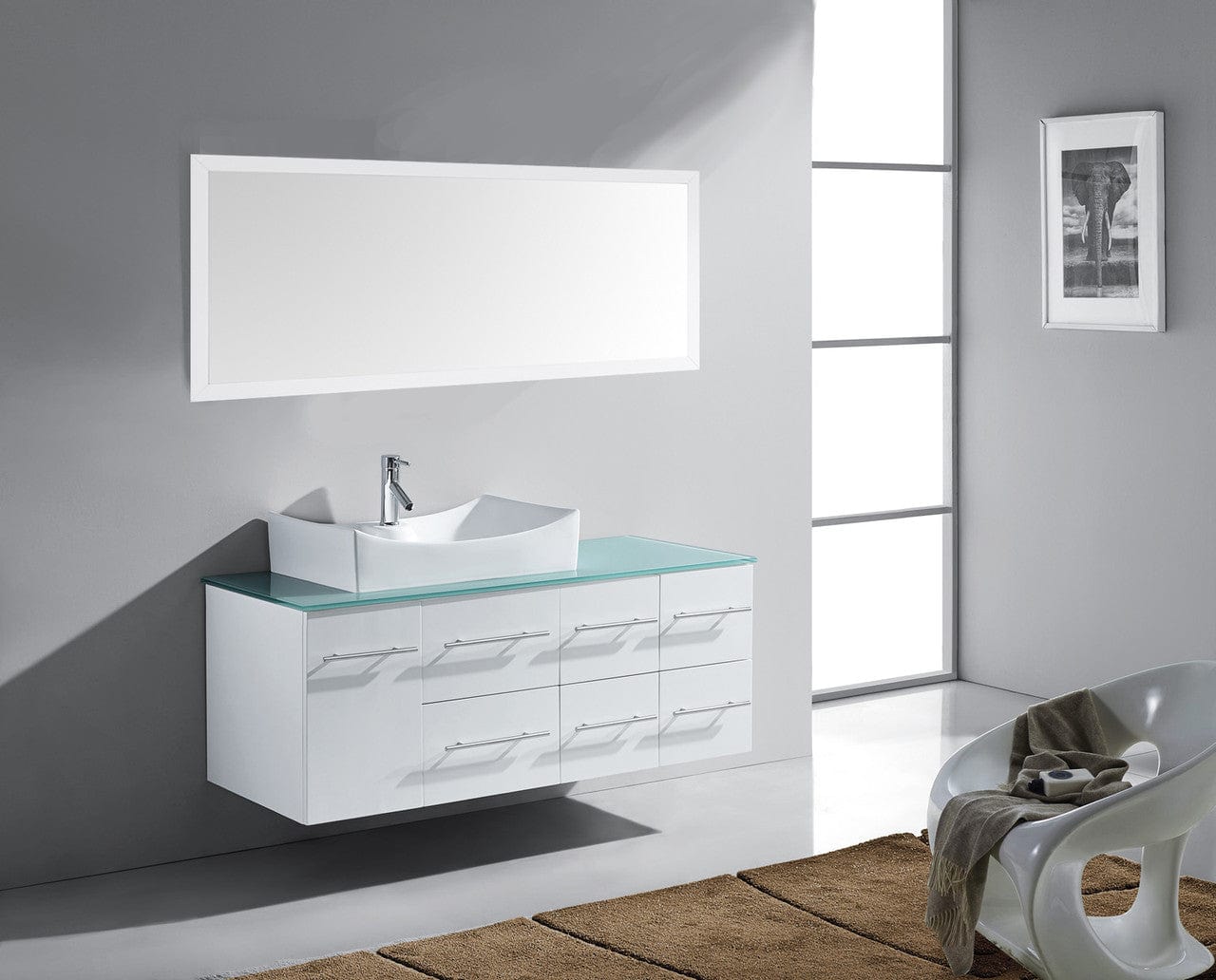  Virtu USA Ceanna 55 Single Bathroom Vanity Set in White w/ Tempered Glass Counter-Top | Square Basin side view
