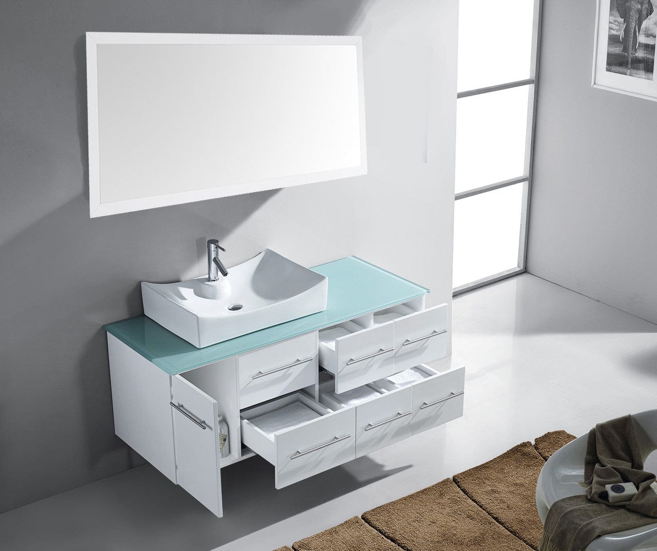  Virtu USA Ceanna 55 Single Bathroom Vanity Set in White w/ Tempered Glass Counter-Top | Square Basin drawers open