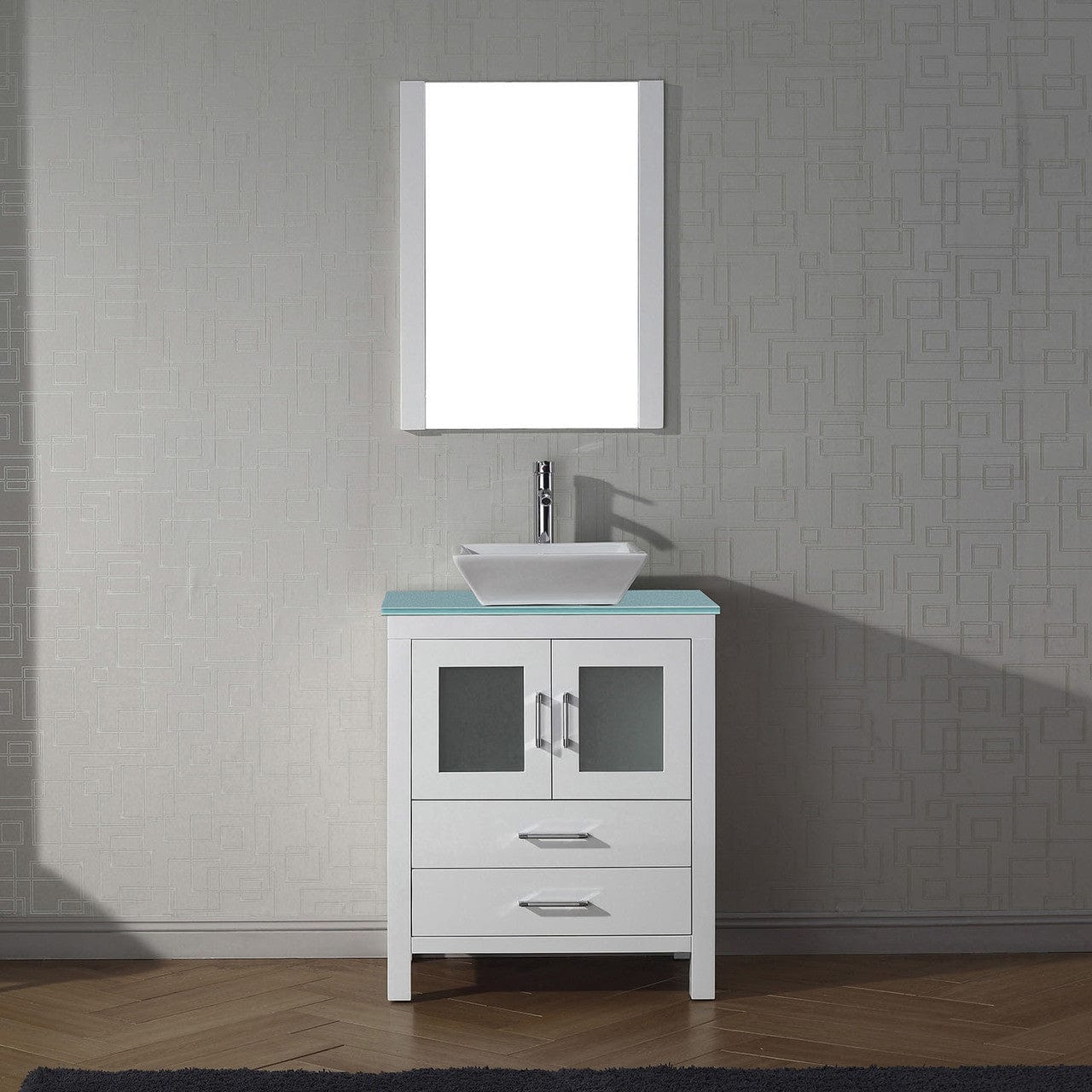 Virtu USA Dior 28 Single Bathroom Vanity in White w/ Aqua Tempered Glass Top & Square Sink