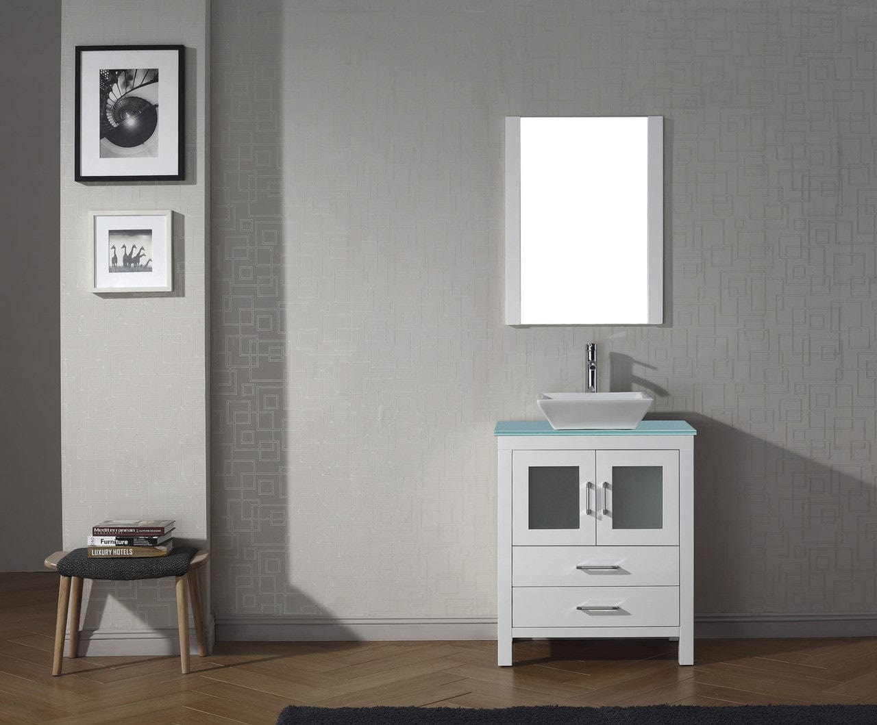 Virtu USA Dior 28 Single Bathroom Vanity in White w/ Aqua Tempered Glass Top & Square Sink